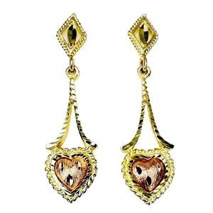 14k Two Tone Gold Etched Hanging Heart Earrings